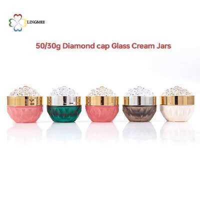quality  Luxury Diamond Lid Glass Cream Jar 30g 50g for Cosmetic Packaging factory