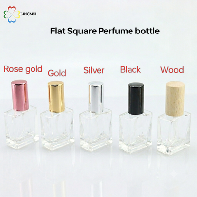 quality  Wholesale Flat Square Glass Perfume Atomizer Bottles | 10ml, 15ml, 30ml Empty Refillable Spray Bottles with Metallic Aluminum& Wooden Caps factory