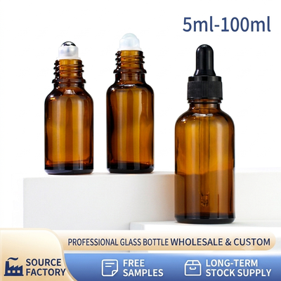 quality  Amber Glass Roller Bottles 5ml, 10ml, 15ml, 20ml, 30ml, 50ml, 100ml for Essential Oils Wholesale | 5ml-100ml UV Light-Blocking Empty Glass Roll-on Bottles with Steel/Glass Balls factory