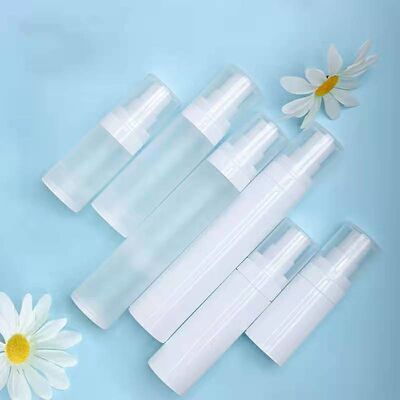 Stock PP half transparent frosted airless spray bottle 15ml 30ml 50ml liquid cosmetic bottle