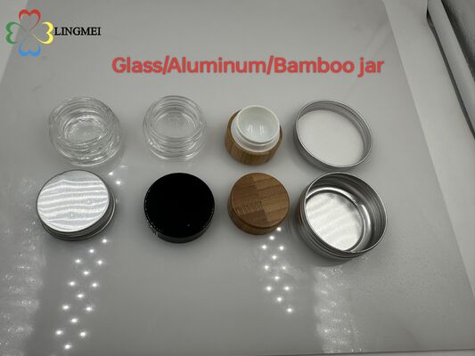 Multi-Material Jar Series: 5g Premium Concentrate Glass jar  with plastic Caps or aluminum cap&Pressure-Sensitive Liner,  Bamboo jar,  Aluminum jar