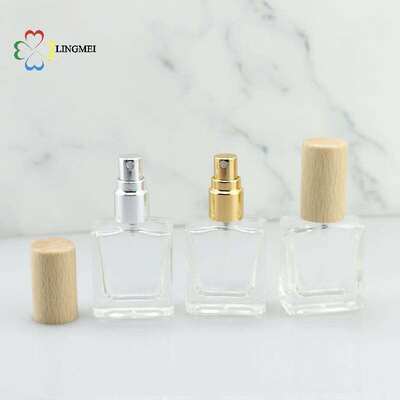 Wholesale Flat Square Glass Perfume Atomizer Bottles | 10ml, 15ml, 30ml Empty Refillable Spray Bottles with Metallic Aluminum& Wooden Caps