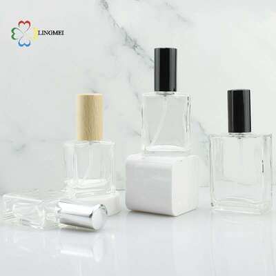 Wholesale Flat Square Glass Perfume Atomizer Bottles | 10ml, 15ml, 30ml Empty Refillable Spray Bottles with Metallic Aluminum& Wooden Caps