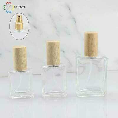Wholesale Flat Square Glass Perfume Atomizer Bottles | 10ml, 15ml, 30ml Empty Refillable Spray Bottles with Metallic Aluminum& Wooden Caps
