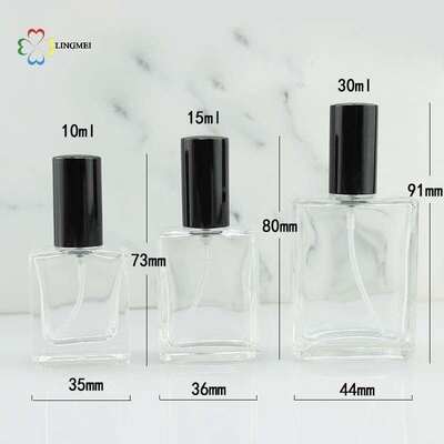 Wholesale Flat Square Glass Perfume Atomizer Bottles | 10ml, 15ml, 30ml Empty Refillable Spray Bottles with Metallic Aluminum& Wooden Caps