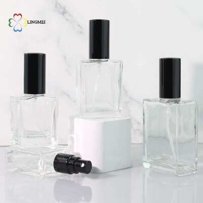 Wholesale Flat Square Glass Perfume Atomizer Bottles | 10ml, 15ml, 30ml Empty Refillable Spray Bottles with Metallic Aluminum& Wooden Caps