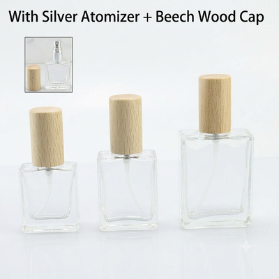 Wholesale Flat Square Glass Perfume Atomizer Bottles | 10ml, 15ml, 30ml Empty Refillable Spray Bottles with Metallic Aluminum& Wooden Caps