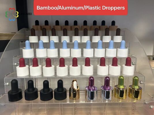 Wholesale Custom Dropper Caps 18/410 20/410 for Essential Oil Bottles | Bulk Cosmetic Glass Bottle Pipettes with Bamboo Aluminum Plastic ring & Longer Rubber Supplier