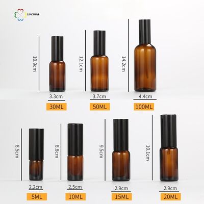 Wholesale Amber Glass Spray Bottle 5ml, 10ml, 15ml, 20ml, 30ml, 50ml, 100ml and Cosmetic Lotion Pump Bottles with 18mm neck Bird Mouth Pump for Essential Oils and Serums