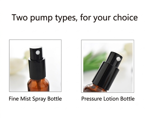 Wholesale Amber Glass Spray Bottle 5ml, 10ml, 15ml, 20ml, 30ml, 50ml, 100ml and Cosmetic Lotion Pump Bottles with 18mm neck Bird Mouth Pump for Essential Oils and Serums