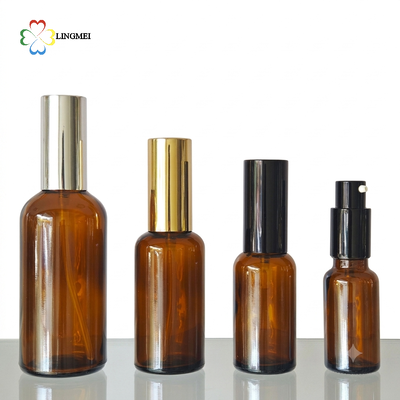 Wholesale Amber Glass Spray Bottle 5ml, 10ml, 15ml, 20ml, 30ml, 50ml, 100ml and Cosmetic Lotion Pump Bottles with 18mm neck Bird Mouth Pump for Essential Oils and Serums