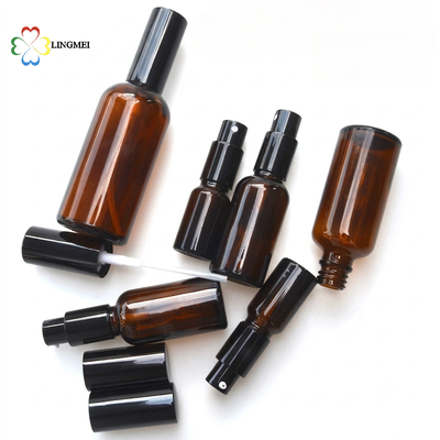 Wholesale Amber Glass Spray Bottle 5ml, 10ml, 15ml, 20ml, 30ml, 50ml, 100ml and Cosmetic Lotion Pump Bottles with 18mm neck Bird Mouth Pump for Essential Oils and Serums
