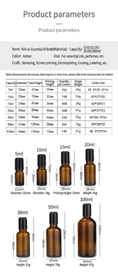 Amber Glass Roller Bottles 5ml, 10ml, 15ml, 20ml, 30ml, 50ml, 100ml for Essential Oils Wholesale | 5ml-100ml UV Light-Blocking Empty Glass Roll-on Bottles with Steel/Glass Balls