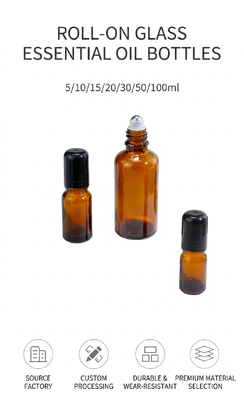 Amber Glass Roller Bottles 5ml, 10ml, 15ml, 20ml, 30ml, 50ml, 100ml for Essential Oils Wholesale | 5ml-100ml UV Light-Blocking Empty Glass Roll-on Bottles with Steel/Glass Balls