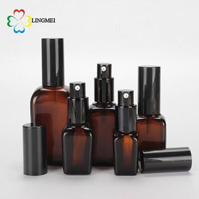 Wholesale Amber Square Glass Cosmetic Bottle 10ml 30ml 100ml with Mist Sprayer for Perfume & Lotion Pump for Cream